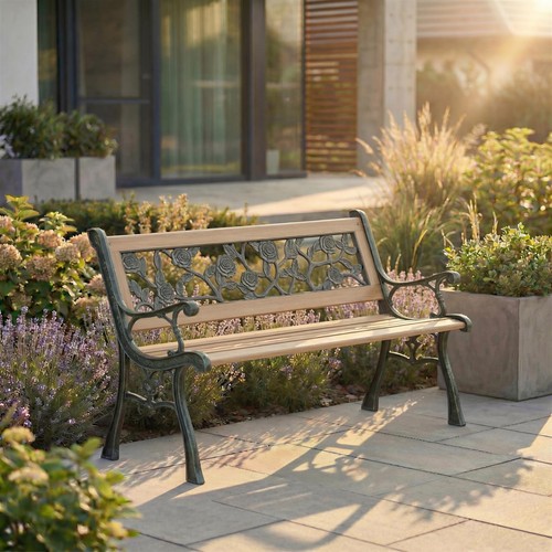 Wooden garden bench - garden, rose
